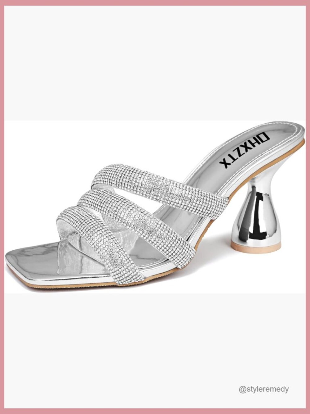 Rhinestone Square Heeled Sandals Slip On Peep Toe Chunky Block Kitten Heels